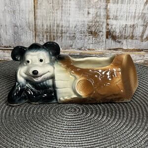 Vintage American Bisque McCoy Figural Planter Art Ceramic Planter Black Bear Log